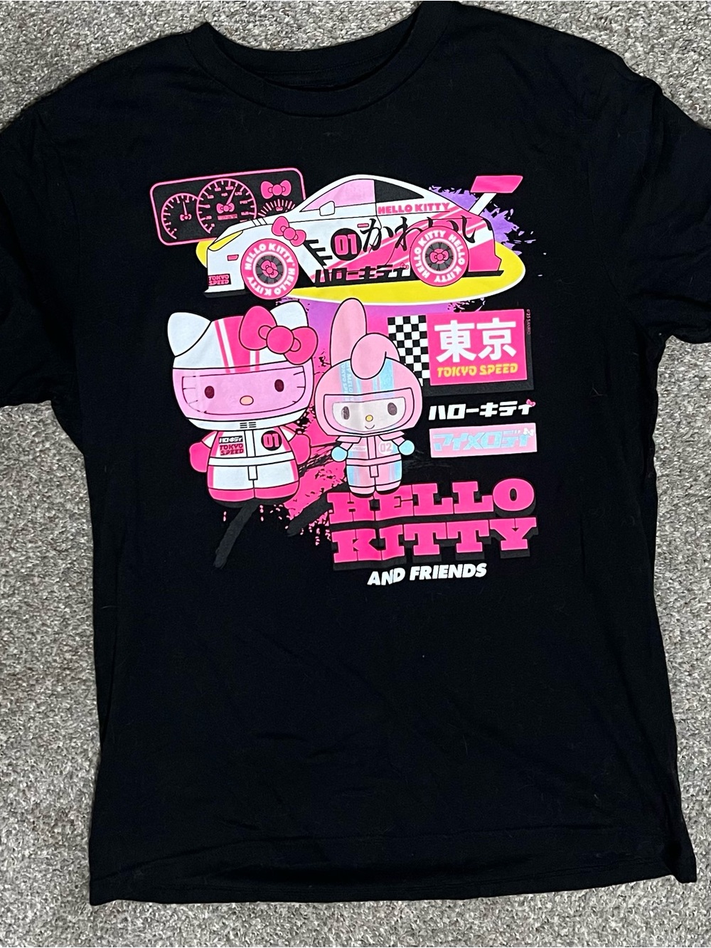 Old Navy Black Tee with Pink Hello Kitty Racing Graphic